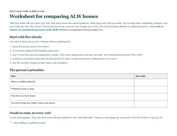 First page of Worksheet for comparing ALW homes