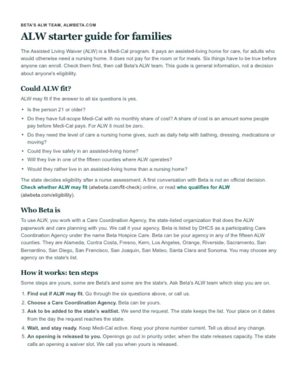 First page of ALW starter guide for families
