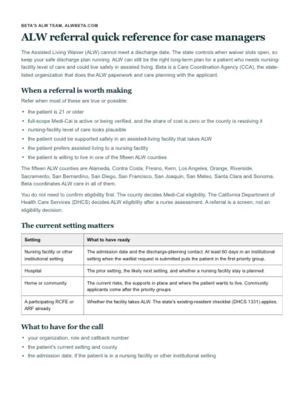 First page of ALW referral quick reference for case managers