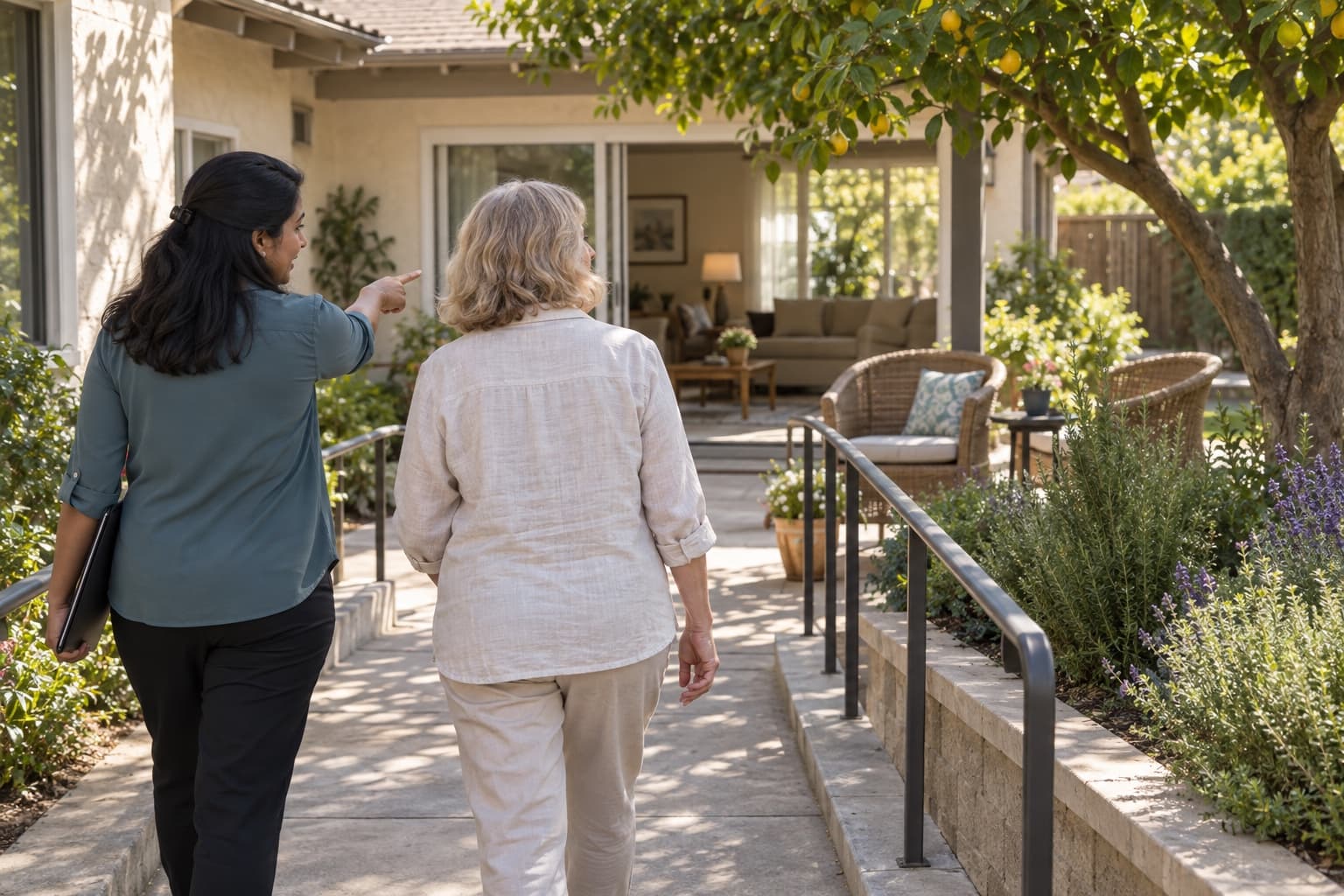 Una coordinadora de atención muestra a un familiar el jardín de un pequeño hogar de cuidado residencial.