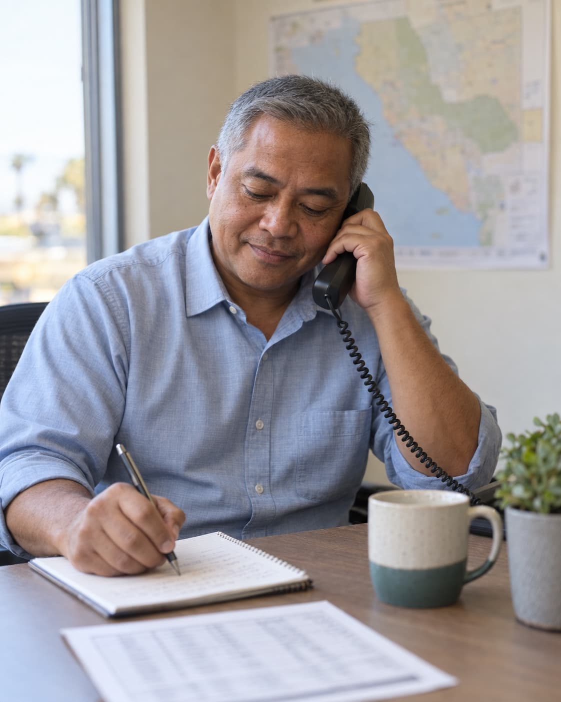 A care coordinator takes notes during a phone call.