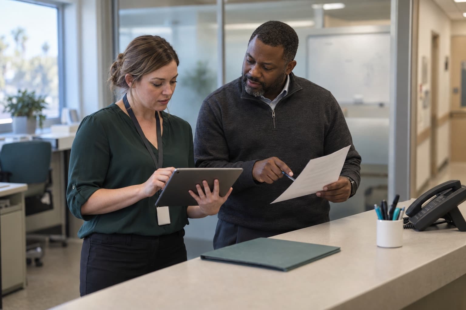A discharge planner and a care coordinator review a referral checklist on a tablet.