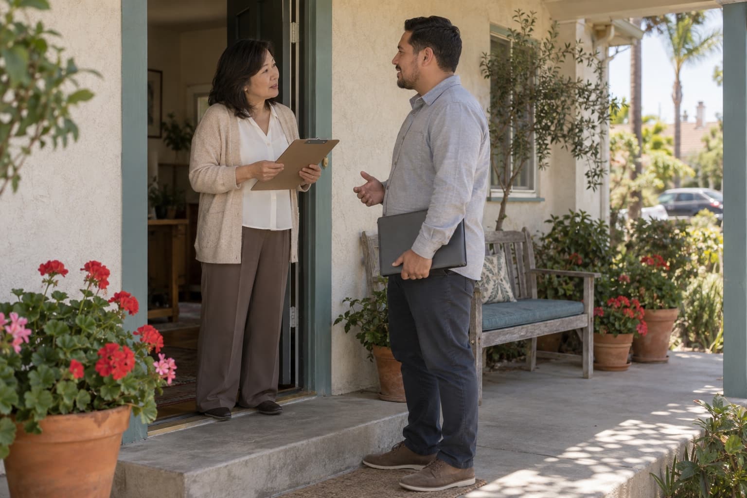 A care home administrator and a care coordinator talk at the front door of a small residential care home.