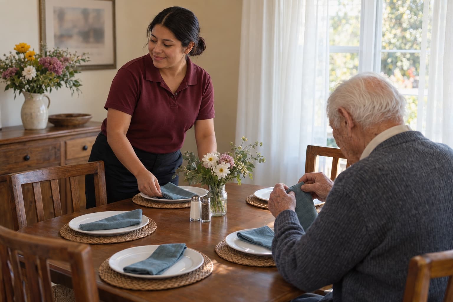 A caregiver sets a dining table with a resident in a small care home.